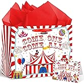 Carnival Gift Bag for Kids Boys Girls Baby Shower Circus Theme Birthday Gift Bag with Wrapping Paper Card Large Colorful Circus Party Gifts Bag for Carnival Birthday Decorations Party Supplies