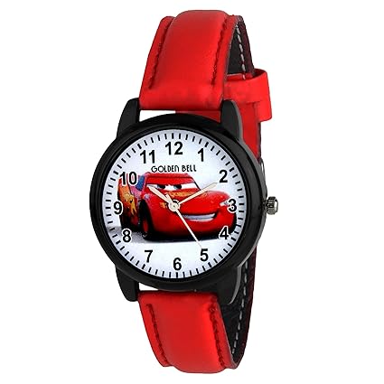 Cars Analogue Display White Dial Red Leather Strap Watch for Boys