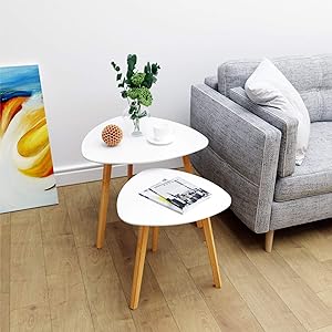 BAMEOS Bamboo Nesting Triangle End Table,Set of 2 Coffee Table Modern Minimalist Side Table for Living Room, Balcony in White