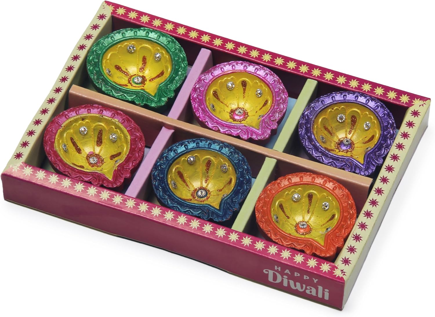 Oil Lamps & Accessories - Handmade Terracoaat Set of 6 Premium Multicolored Clay Diya for Diwali/Navratri Decorations Oil Lamp Diwali Clay Diya Tea Light Holder Indian Decor Festival Gifts Puja Items