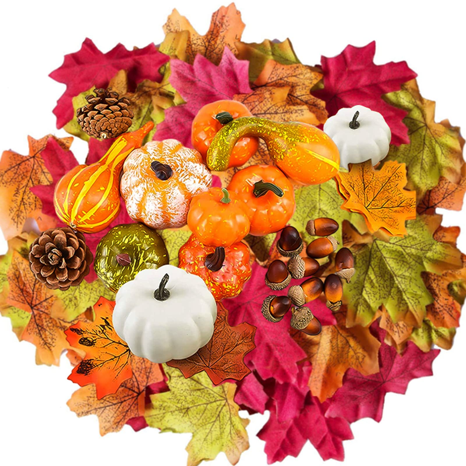 126Pcs Artificial Pumpkins Autumn Decorations Set,Autumn Home Decor Artificial Fall Maple Leaves,Pine Cones,Gourds,Pumpkin,Small Acorns for Thanksgiving Halloween Fall Home Harvest Table Decorations