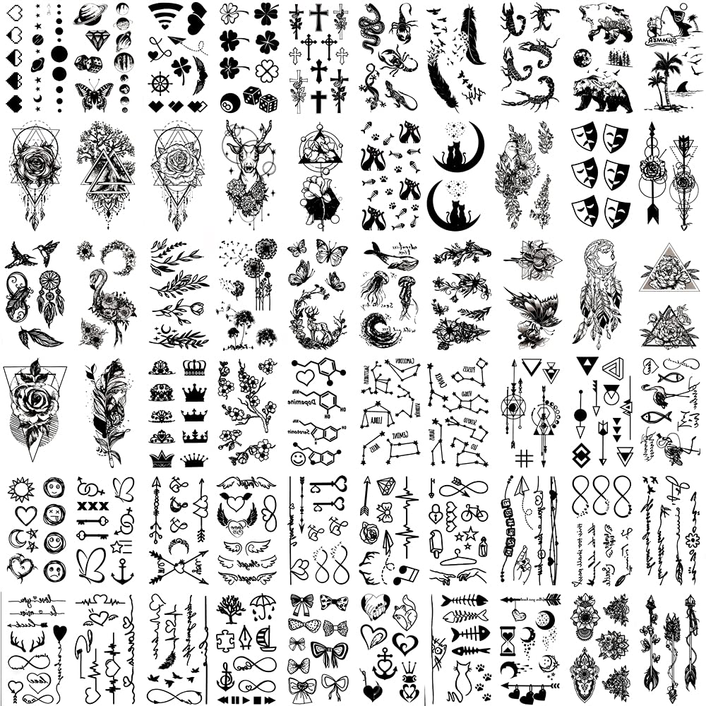DTnewsun Temporary Tattoos,60 Sheets Waterproof Black Tiny Tattoo Sticker,Butterfly Anchor Compass For Men Women,Roses, Butterflies and Mixed Style Body Art Temporary Tattoos For Neck Arm Hands