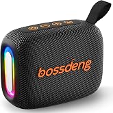 bossdeng Waterproof Portable Bluetooth Speaker with Lights &amp; Lanyard, Black | Compact Wireless Outdoor Speaker, 10H Playtime, Bluetooth 5.3 Stable Connection IPX5 for Beach, Camping, Travel and Shower