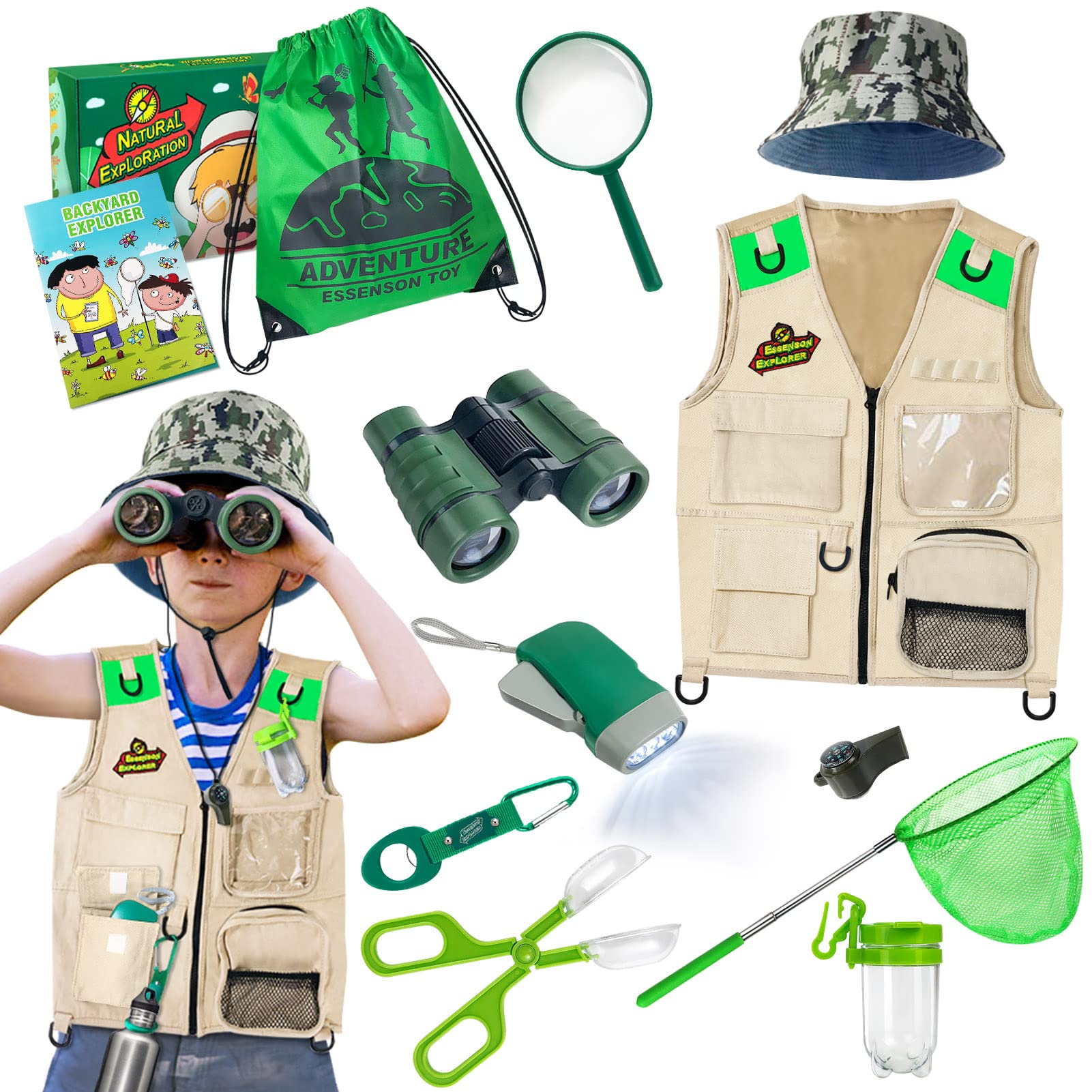 ESSENSON Outdoor Explorer Kit & Bug Catcher Kit with Vest, Outdoor Toy Gift for 3 4 5 6 7 8+ Year Old Boys Girls Kids Binoculars, Magnifying Glass, Butterfly Net, Camping, Adventure