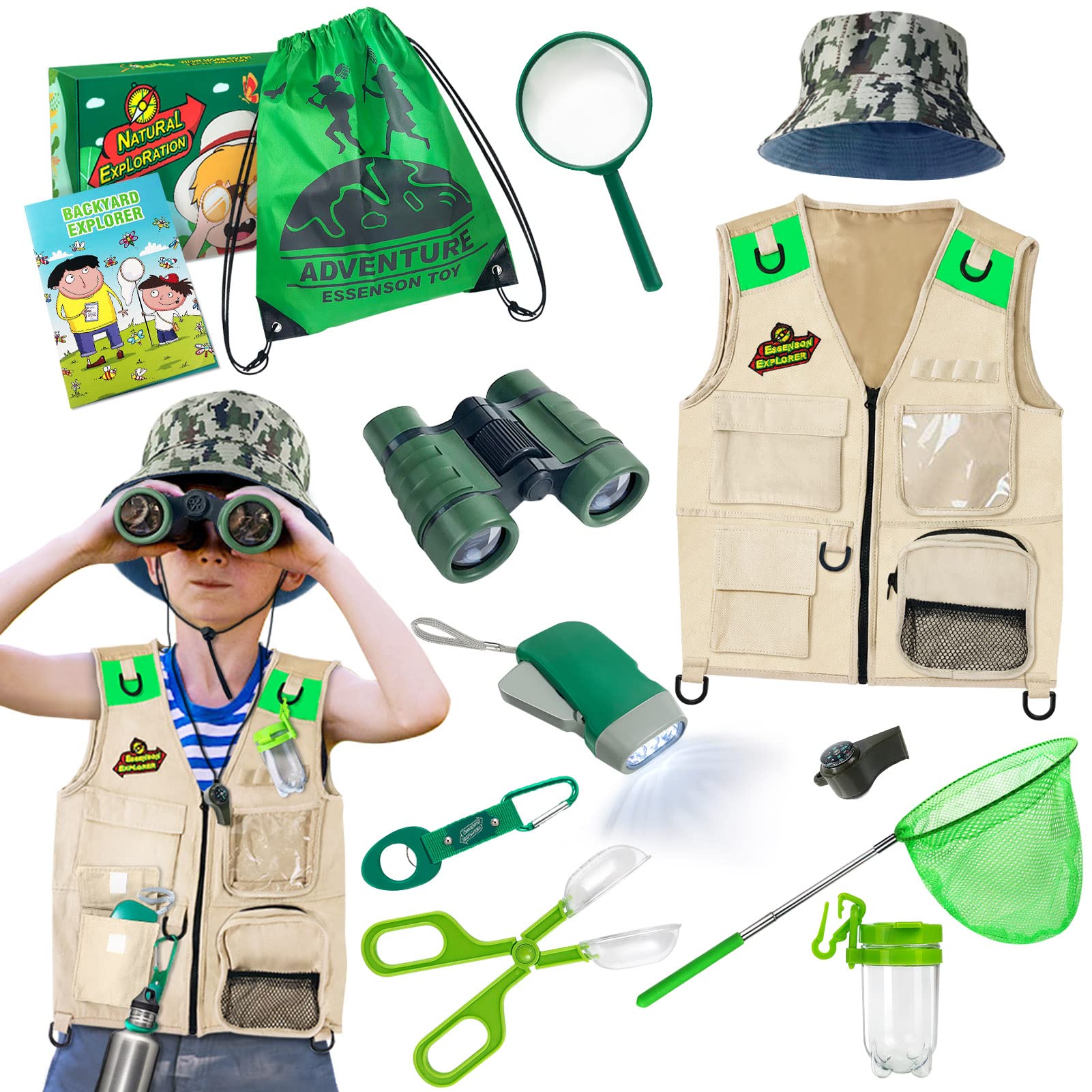 Outdoor Explorer Kit & Bug Catcher Kit with Vest, Outdoor Toy Gift for 3 4 5 6 7 8+ Year Old Boys Girls Kids Binoculars, Magnifying Glass, Butterfly Net, Camping, Adventure