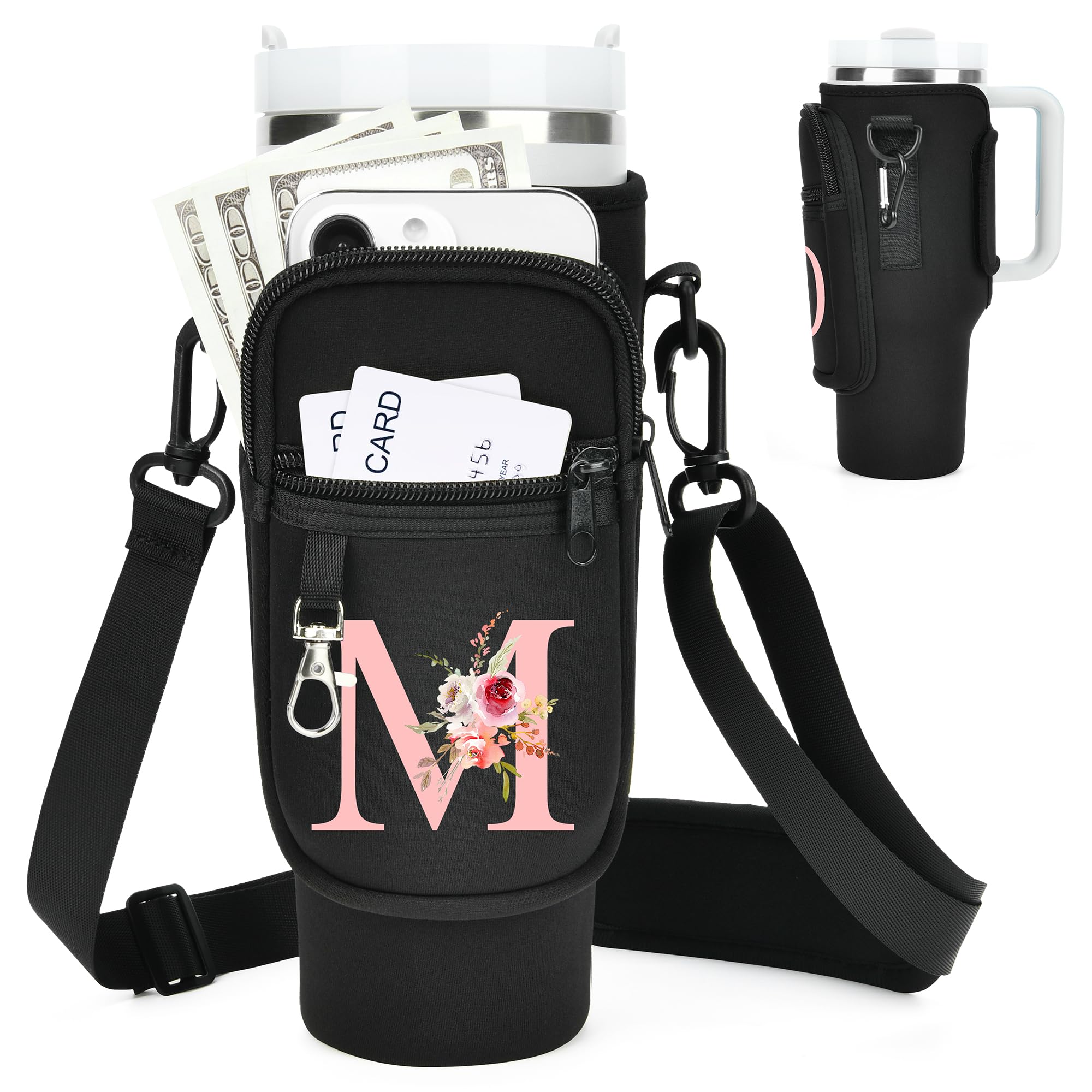 Photo 1 of Initial A-Z Water Bottle Carrier Bag With Strap For Stanley 40 oz Tumbler,Water Bottle Holder with Pocket for Stanley Cup Accessories Personalized Mother's Day Gift for Women Black M