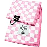Against The Grain Microfiber Pink Golf Towel for Golf Bags Women with Clip - (12"x20") Blue & White Checkered Design Golf Club Towel, Womens Golf Towel, Golf Gifts for Women, Pink Golf Accessories