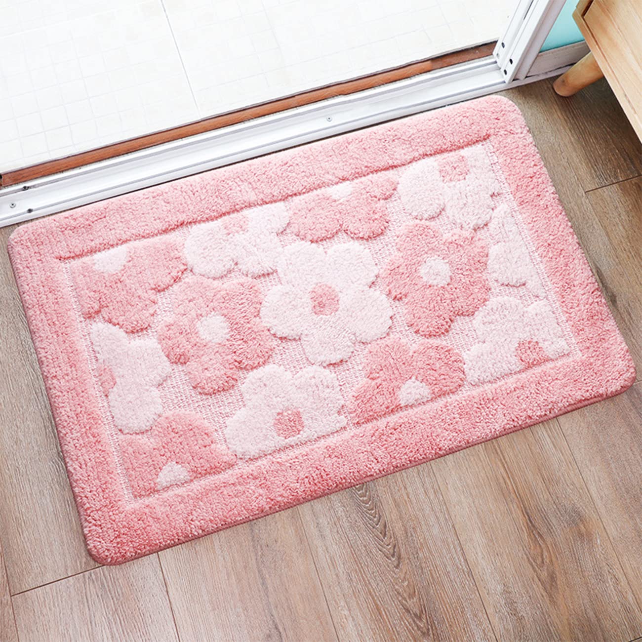 Photo 1 of Pink Flower Bath Mat Cute Bathroom Rugs Lovely Shower Bathtub Mat Microfiber Soft Welcome Doormat Non-Slip TPR Backing Shower Rug Plush Shaggy Bath Carpet, 20x32