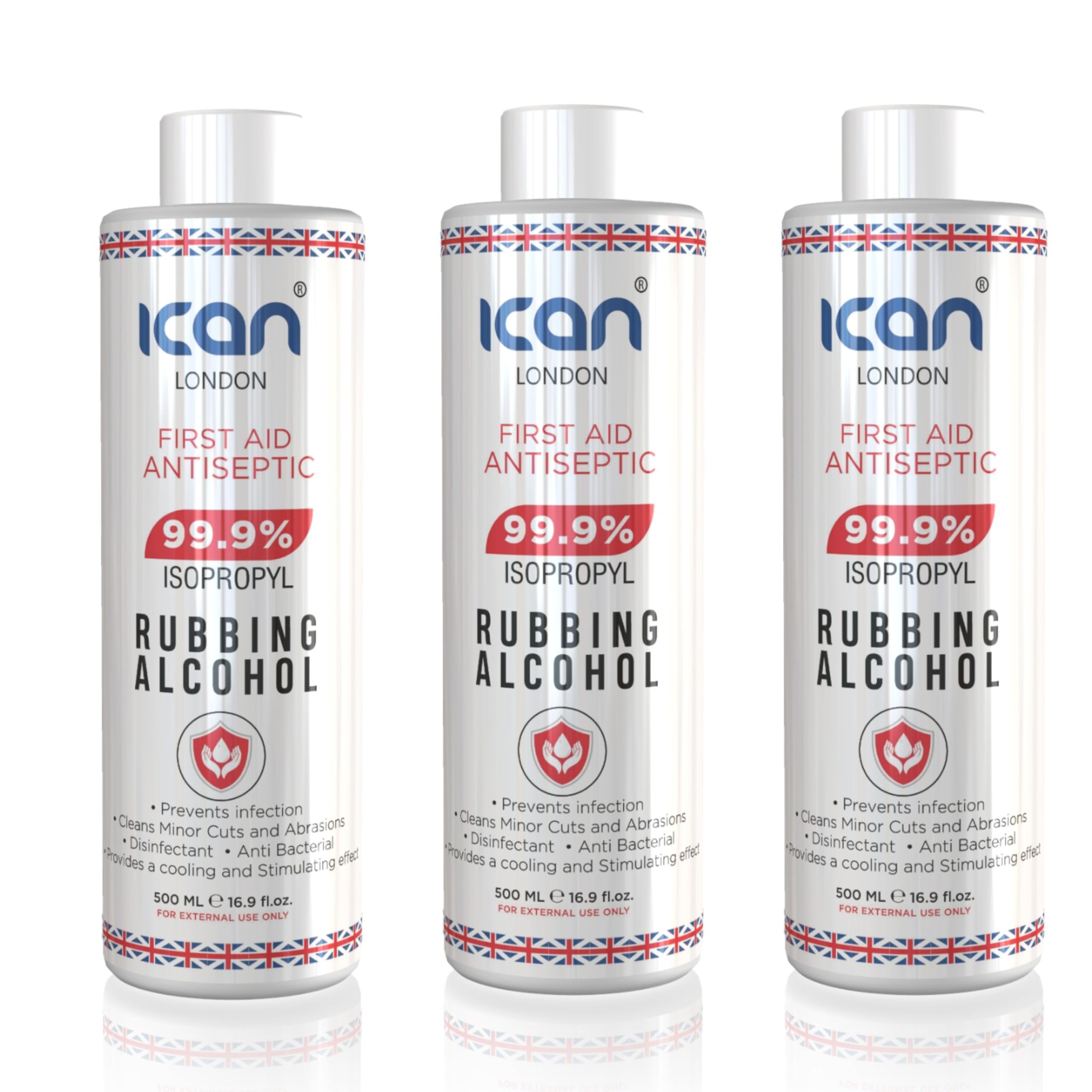 Ican 99.9% Pure Isopropyl Rubbing Alcohol First Aid Antiseptic Multi purpose use - Pack of 3 (3 x 500ml)