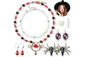 DERJBUNGDO 11 Halloween Costume Jewelry for Women Girls Witches Sanderson Sisters Evil Eye Necklace Teeth Cap Spider Hair Clip Pendant Earrings Cos Accessories for Makeup Jewelry GIFTS Set Cosplay Party Supplies