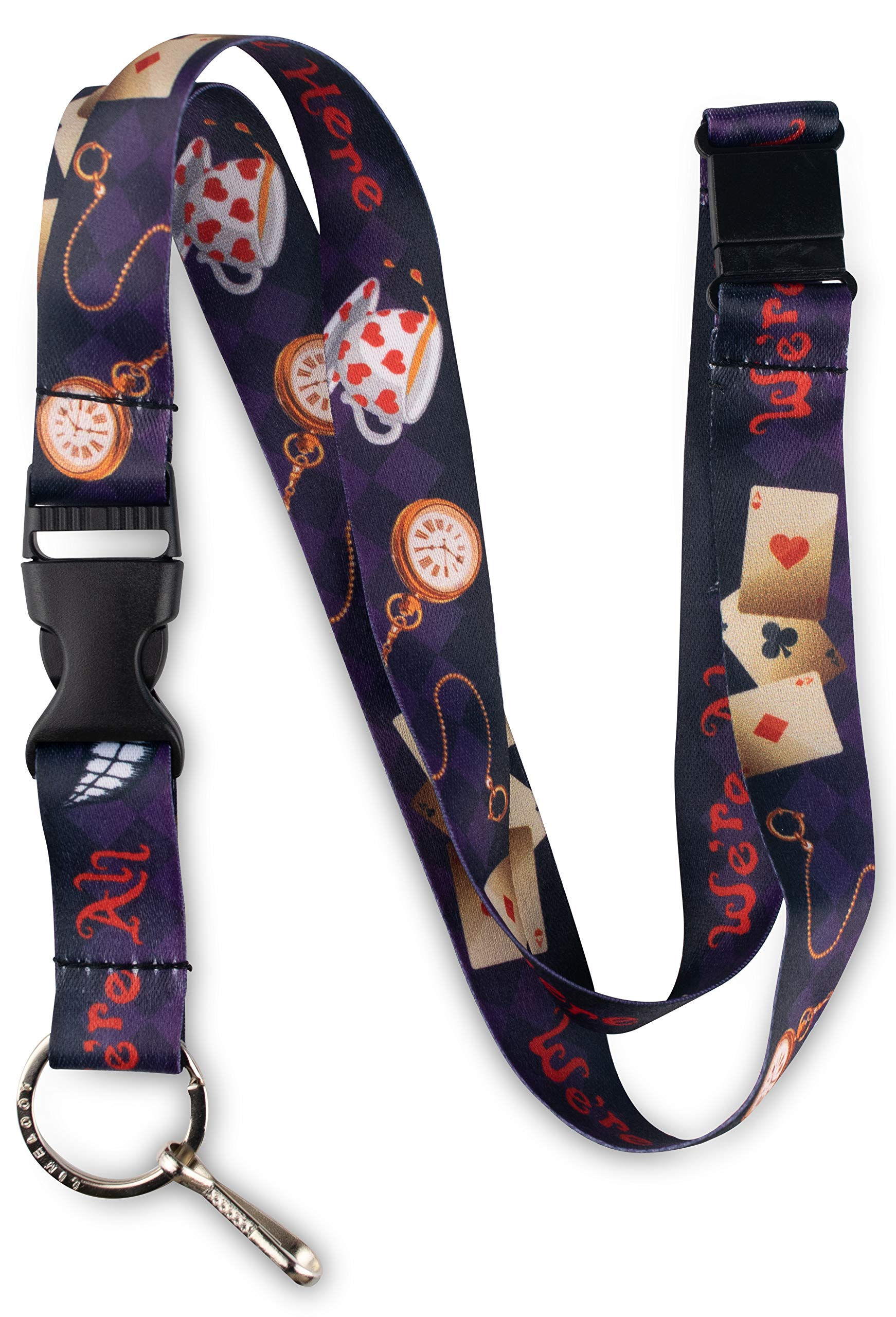 Limeloot Alice in Wonderland Lanyard - We are all Mad Here Cheshire Cat Design with Breakaway, Quick Release Buckle, and Flat Ring, Alice in Wonderland, Default
