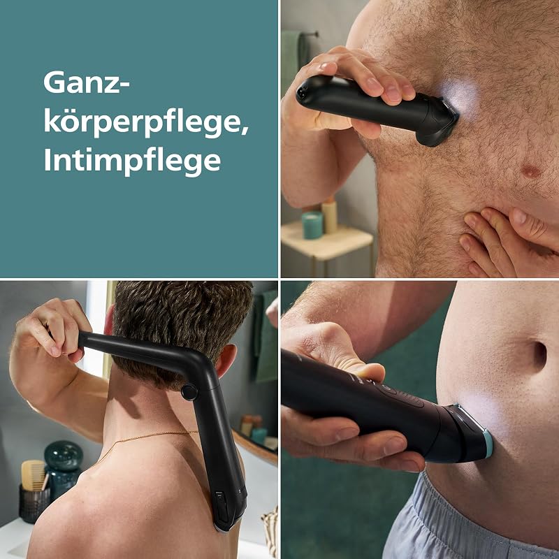 Bodygroom Series 7000 – Trimmer für Männer, flexiblem 2D-Scherkopf Dreifachschutz -austauschbare Scherköpfe, Nutzung im Intimbereich, 100% duschfest, 120 Min. Laufzeit, Modell BG7480/15