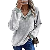 EVALESS Womens Spring Fashion 2026 Womens Long Sleeve Shirts Patchwork Button Up V Neck Sweatshirt Casual Pullover Tops