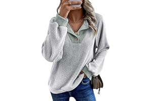 EVALESS Womens Fall Fashion 2025 Womens Long Sleeve Shirts Patchwork Button Up V Neck Sweatshirt Casual Pullover Tops