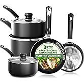 KICHLY 8 Pieces Pots and Pans Set, Non Stick Kitchen Cookware Set, Induction Frying Pans 20cm, 28cm, Saucepan with Lids 20cm, 18cm, Non Induction Saucepan 16cm, Pots and Pans Set Nonstick, Black
