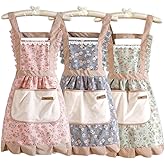 3 Pieces Aprons for Women with Pockets, Floral Kitchen Cooking Aprons,Waterproof Resistant Cotton Apron with Adjustable Strap and Front Pocket for Kids Kitchen,Cooking,Painting,Baking,Server,Barber