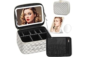 Omobolanle Makeup Bag with Mirror Led Light Detachable Portable Makeup Organizer Travel Train Case with Adjustable Dividers and 10x Magnifying Mirror Cosmetic Toiletry Bag White/Grey