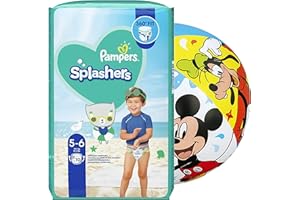 PARTYPOM Splashers Disposable Swim Diapers, Size 5-6 (31+lb.) + Bonus Mickey and Friends Beach Ball, Absorbent and Adjustable Swim Pants for Baby, Toddler, Girls, Boys (10 Count)