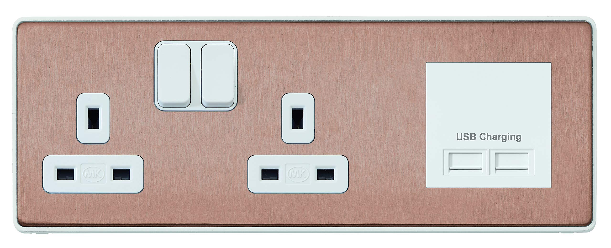 MK Dimensions 2 Gang Combi Switch Socket Bronze Finish with a White Trim Multimedia Plate with Left Side Euro Frame