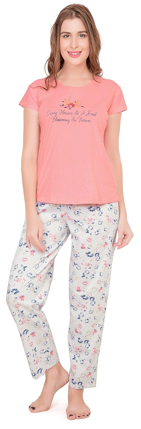 zeyo women&rsquo;s cotton pink & white night suit | night dress with polka dot