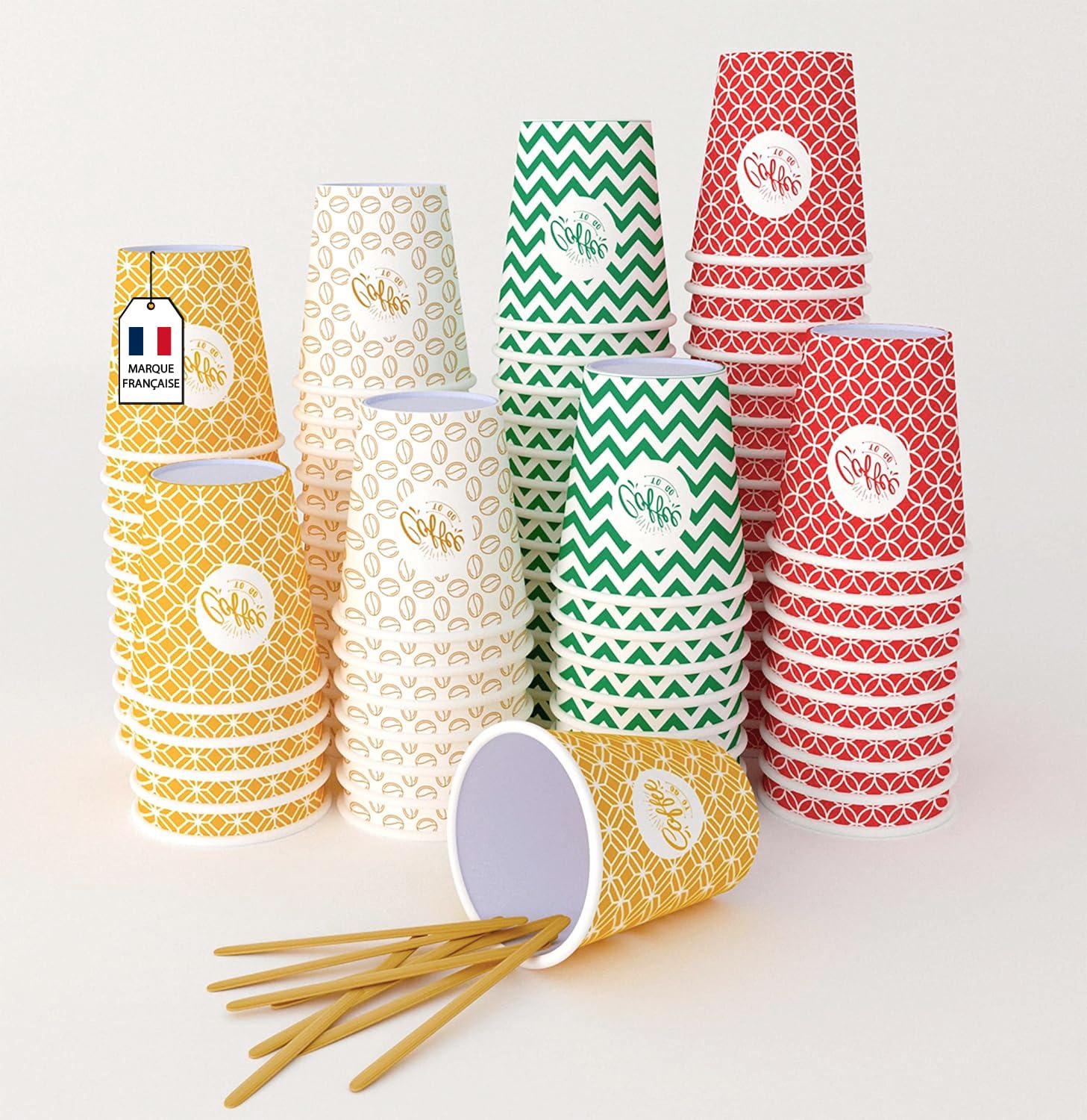 7 ounce / oz, 200 Pack Disposable Paper Coffee Cups with Wooden Stirrers, Environmentally Friendly,Heat-Resistant, Ideal for Cold and Hot Drinks,Coffee,Tea, Birthday,Party,Picnic,Takeaway Drinks etc.