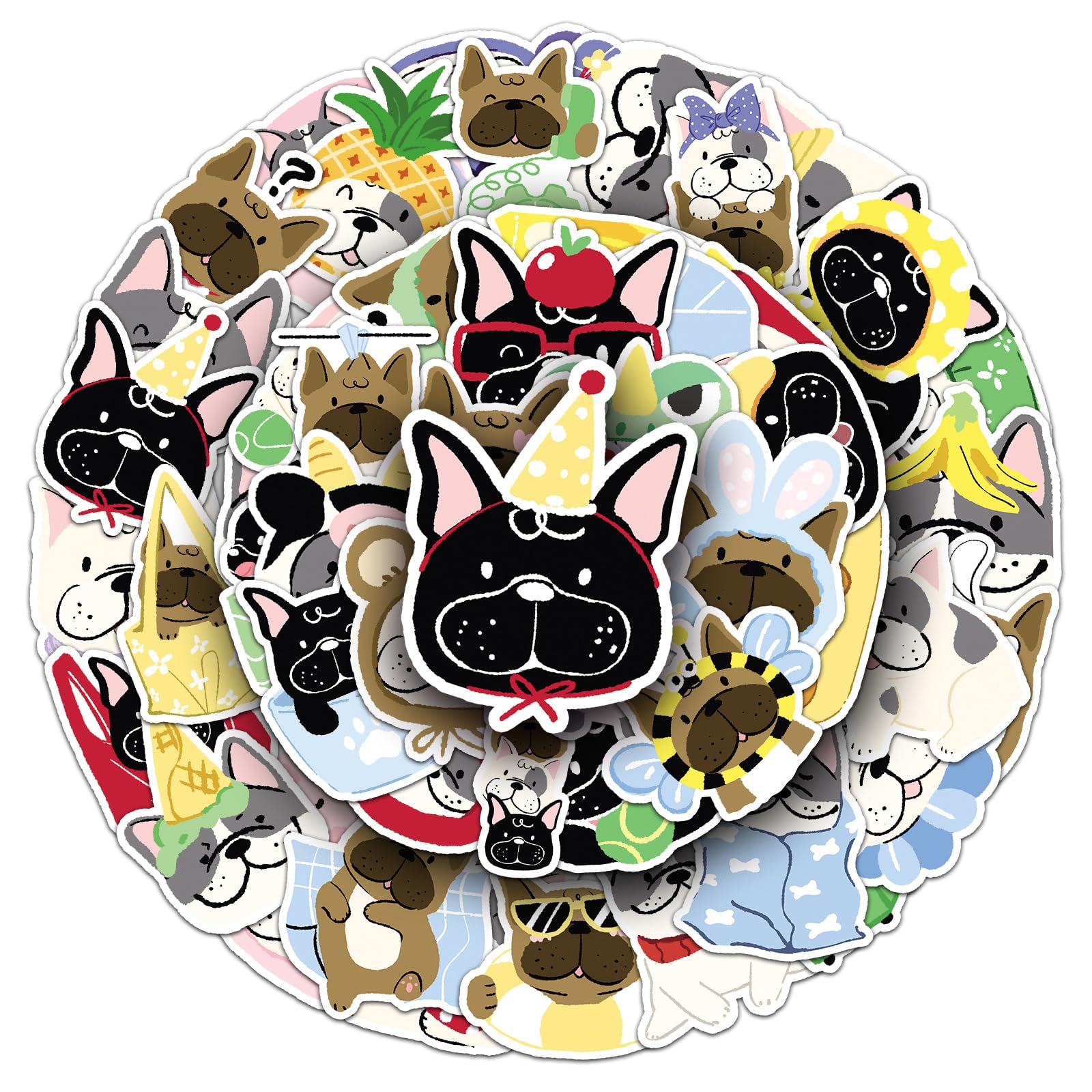 50PCS French Bulldog Stickers Cute Animal Sticker for Journaling Laptop Scrapbook Water Bottles Guitar Suitcase Phone Snowboard Waterproof Vinyl Gifts for Women Girl Kids Adult Teens