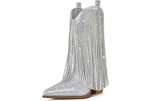 Ouepiano Cowboy Boots for Women - Cowgirl Rhinestone Boots with Sparkly Fringe Pointed Toe Western Boot Chunky Heel Pull-On Wide Calf Botas Vaqueras