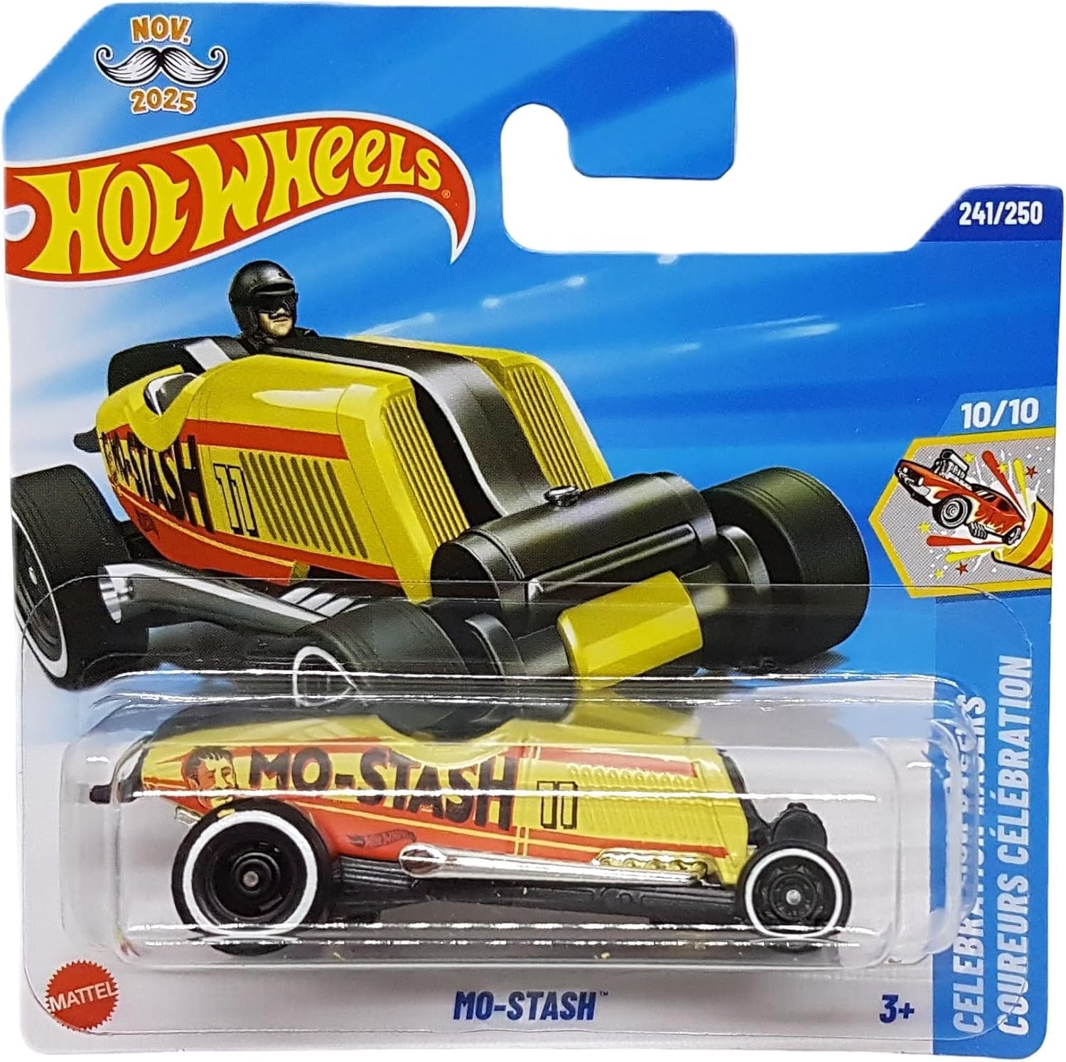 Hot Wheels - Mo-Stash - Celebration Racers 10/10 - JBB46 - Short Card - Yellow - Racing Roadster - Mattel 2025 - 1:64
