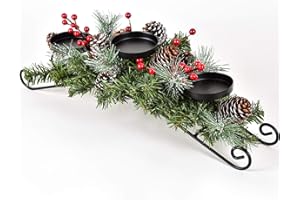 DearHouse Christmas Candle Holder Centerpiece, Pine Cones and Red Berry Table Centerpiece with 3 Candle Holders Table Accent Centerpiece for Festival Home Decoration 20" x 10" x 6"(L x W x H)