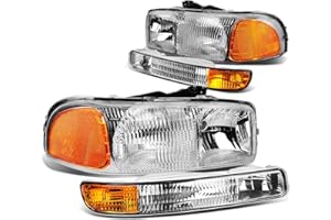 Auto Dynasty 4Pcs Headlights Assembly and Bumper Lamps Compatible with GMC Sierra Yukon 1500 2500 3500 GMT800 99-07 Sierra C3 2001, Driver and Passenger Side, Chrome Housing