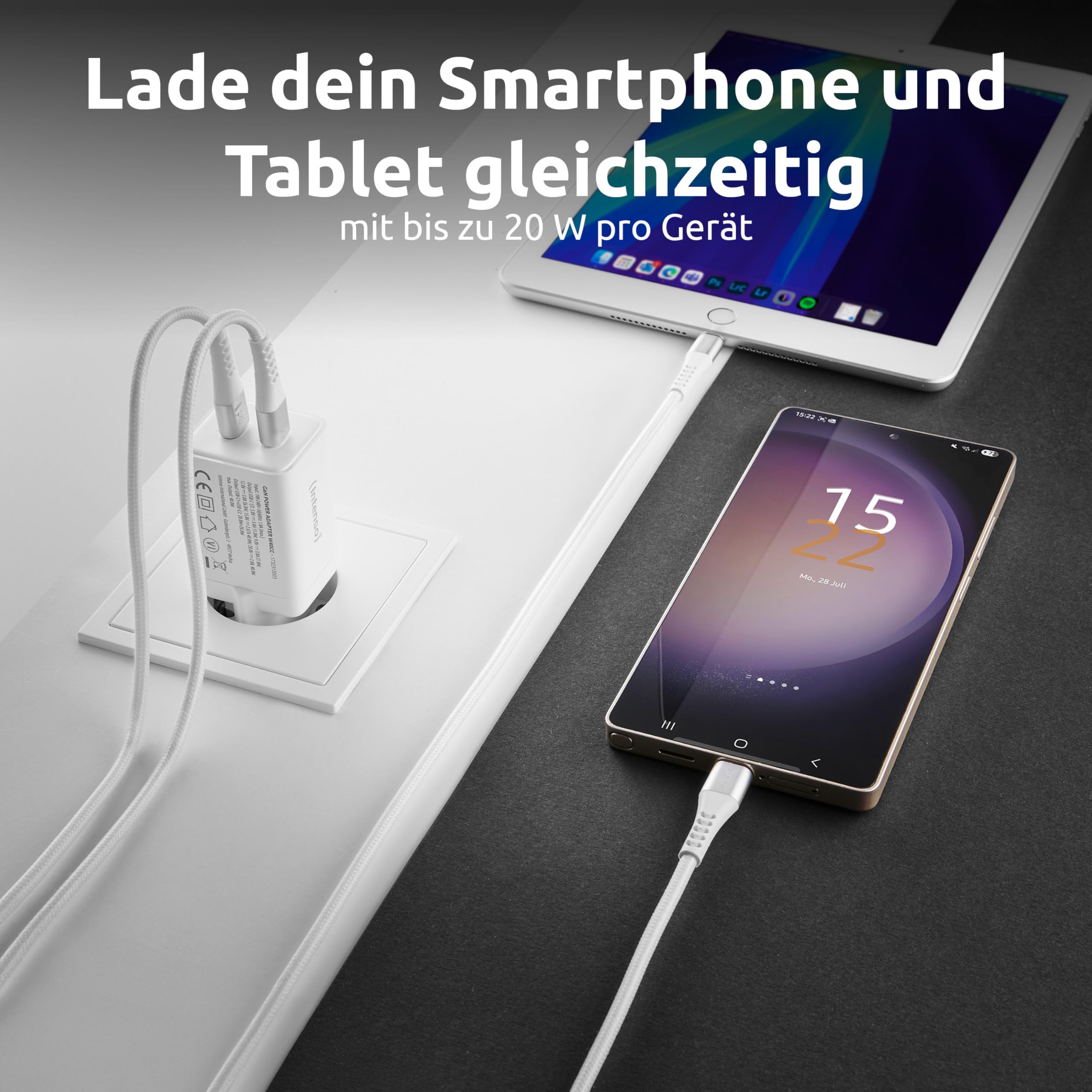 Intenso Power Adapter W40CC GaN, USB-C Netzteil mit 2 USB-C Anschlüssen, 40 Watt und GaN-Technologie für Smartphone, Laptop und mehr, weiß 4
