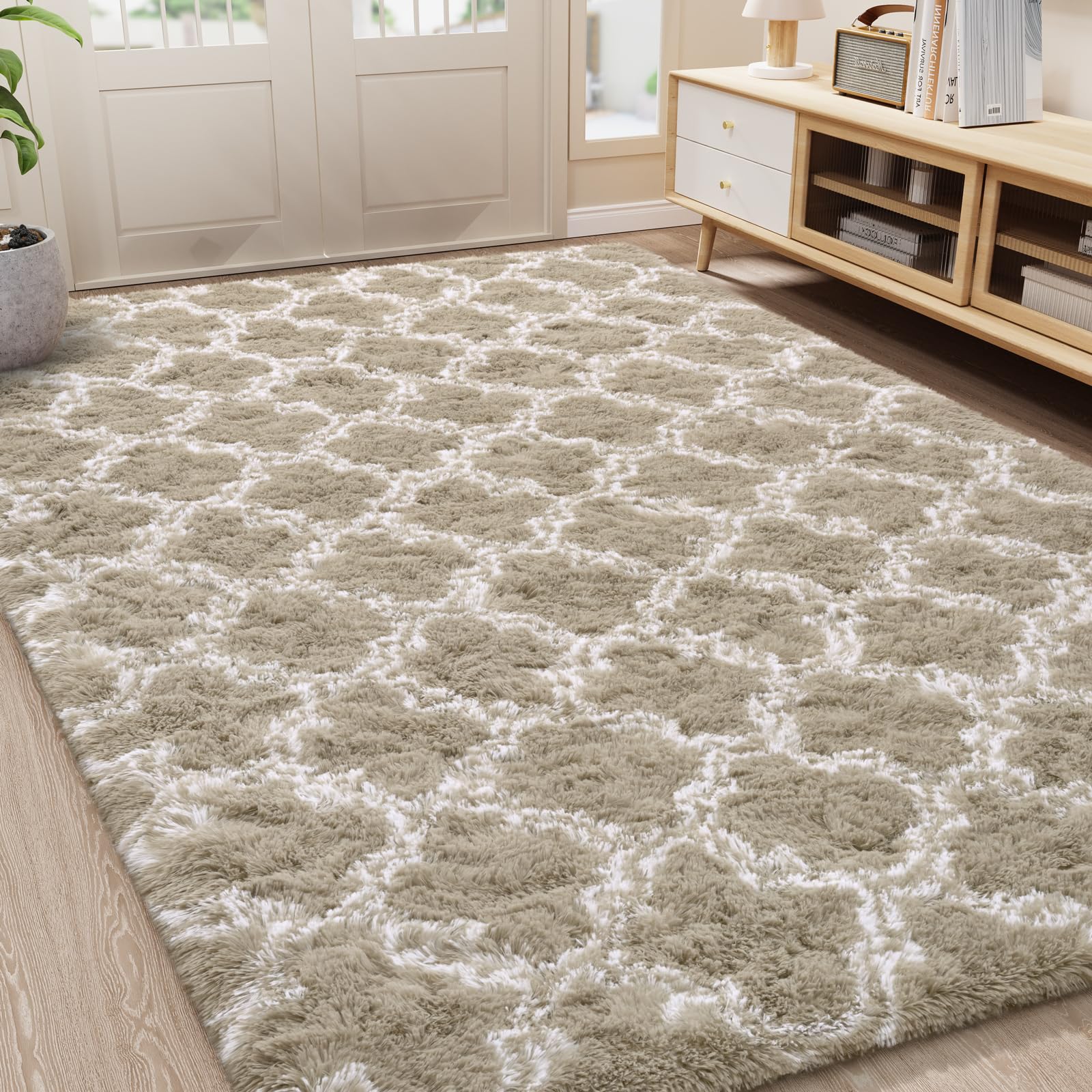 Photo 1 of LOCHAS Luxury Shag Area Rug 5x8 Feet Geometric Plush Fluffy Rugs, Extra Soft Carpet Runner Rugs for Bedroom Living Room Dorm Kids, High Pile Shaggy Floor Rug Decor, Beige/White