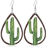 Unique Lightweight Bohemian Green Nature Wooden Hollow Teardrop Cactus Dangle Drop Earrings Hypoallergenic Boho Africa Wood Sunflower Flower Hook Earring for Women (Green 1)