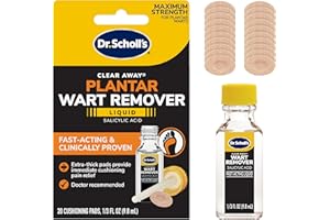 Dr. Scholl's Clear Away Plantar Wart Remover Liquid for Feet, 1/3 fl oz, 20 Thick Cushioning Pads – Fast Acting & Clinically Proven Wart Removal, Safe to Use on Kids Ages 4+
