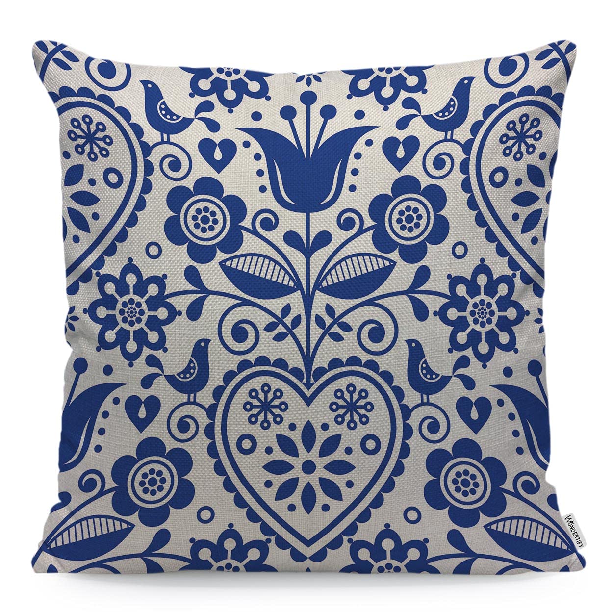 WONDERTIFY Blue Floral Cushion Cover Vintage Style Flower Heart Bird Decorative Throw Pillow Covers For Couch, Bed Sofa Pillows Case Navy Blue White 45X45 Cm