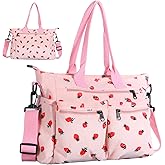 Pink Strawberry Tote Bag for Women Girls, Corduroy Everyday Tote Bag with Multi Pocket Cute Travel Shoulder Purse Handbag Crossbody Work Bags