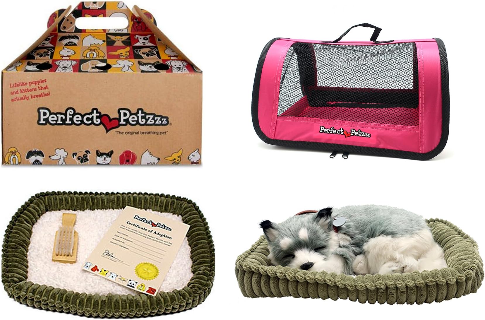 Perfect Petzzz Realistic Breathing Alaskan Husky Lifelike Husky Puppy Dog with Pink Tote for Plush Breathing Pet