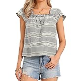 Allegra K Gingham Top for Women Casual Square Neck Cap Sleeve Peasant Summer Blouse Top