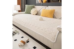 MDSASFD Geometric Jacquard Plush Warm Sofa Couch Cover, Soft Funny Fuzzy Couch Covers, Non Slip Sectional Sofa Slipcover, Cozy Washable Furniture Protector for Kids, Pets (Beige White, 36"x 71")