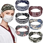 WILLBOND 6 Pieces Nursing Headbands with Buttons for Nurses Doctor Women Boho Bandana Headbands Wide Stretch Head Wraps Elastic Hair Bands for Face Covering Holder Ear Protection (Retro Pattern)