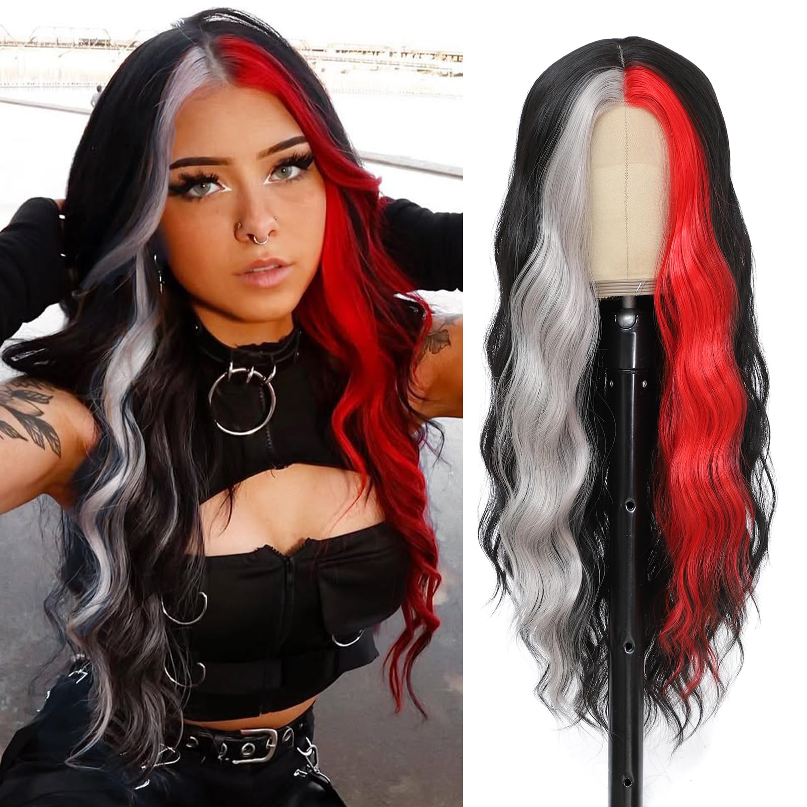 Photo 1 of YBYMCAI Black Wig - Long Black Red Grey Wavy Wigs for Women Middle Part Red Wig 26 inch Natural Curly Synthetic Wig Heat Resistant Fiber Wigs for Daily Party Use