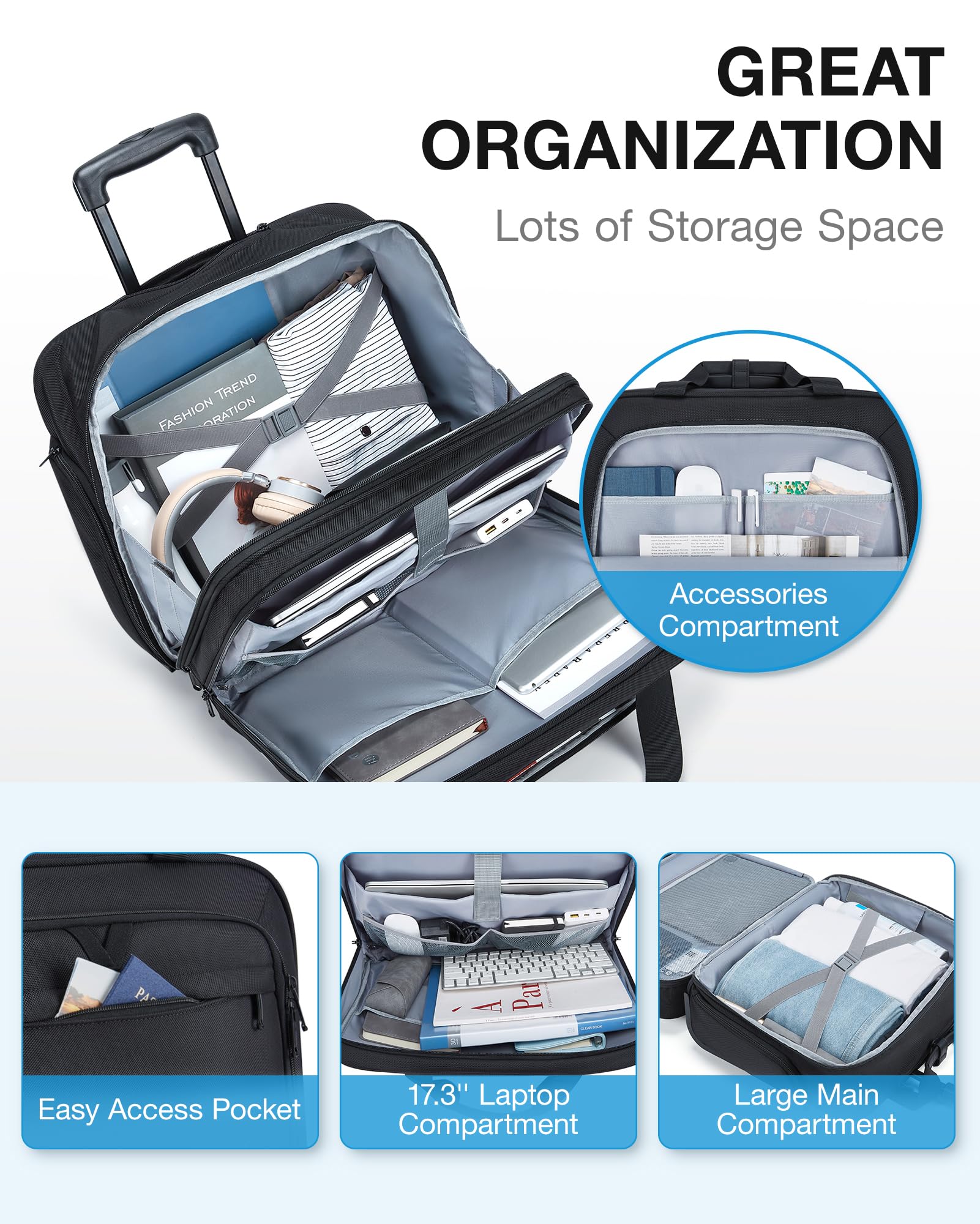 17.3 Inch Rolling Laptop Bag Women Men,Rolling Briefcase for Women with Wheels,Rolling Computer Bags Laptop Case for Work Travel Business,Black