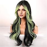 WTHCOS Black And Green Wigs for Women Girls Long Curly Wavy Wig With Bangs Black Green Ombre Wig Heat Resistant Synthetic Hair Wigs for Daily Use Cosplay