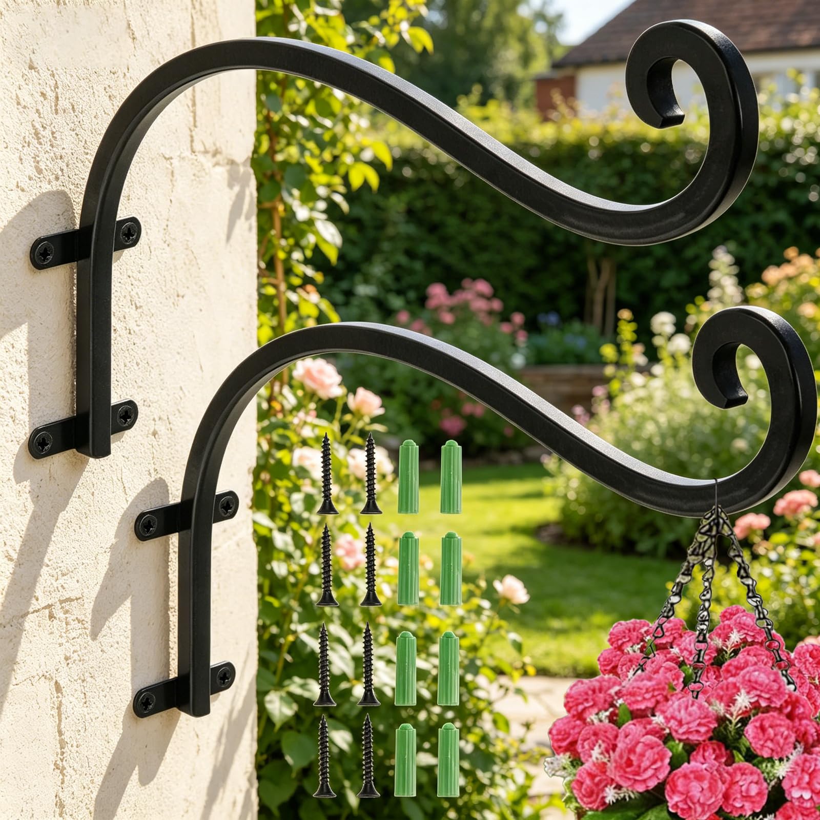 Norhogo 2 Pack Black Hanging Basket Bracket Outdoor Plant Hooks, Iron Wall Mount Plant Hanging Bracket, Wall Plant Hooks for Flowers Baskets Planter Pots Bird Feeder Lanterns Wind Chimes Indoor