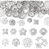 Beadthoven 54Pcs 9 Styles Flower Bead Caps, Silver Platinum Plated Brass Flower Beads Hollow Floral Bead End Caps Metal Spacers for Jewelry Making Bracelets Necklace Earrings DIY Crafts Supplies