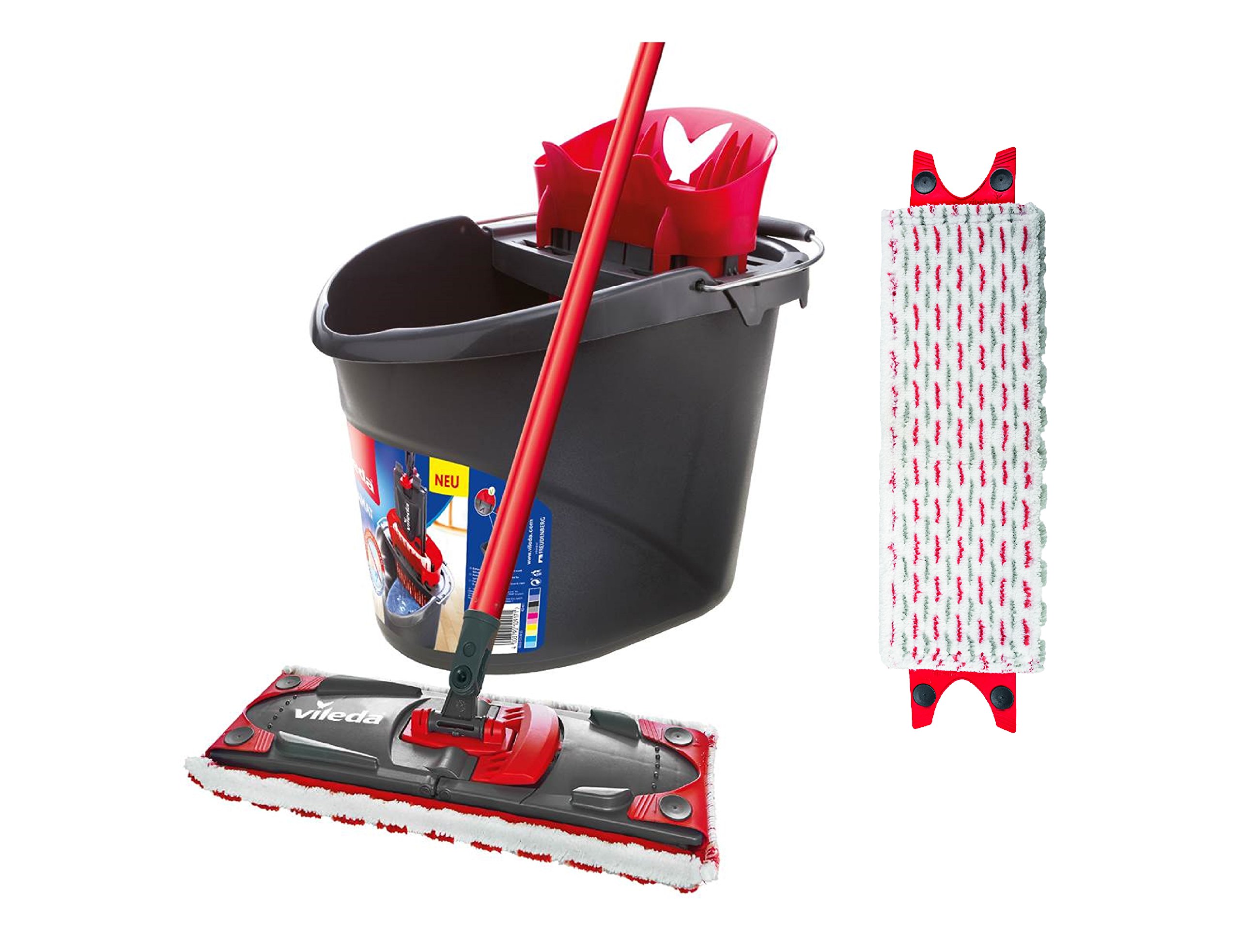Vileda ULTRAMAX 2in1 Bodenwischer Komplett Set mit extra Bezug, Wischmopp mit Stiel, Zwei Mikrofaser-Bezüge und Eimer mit Powerpresse, zum schnellen Auswechseln des Bezugs