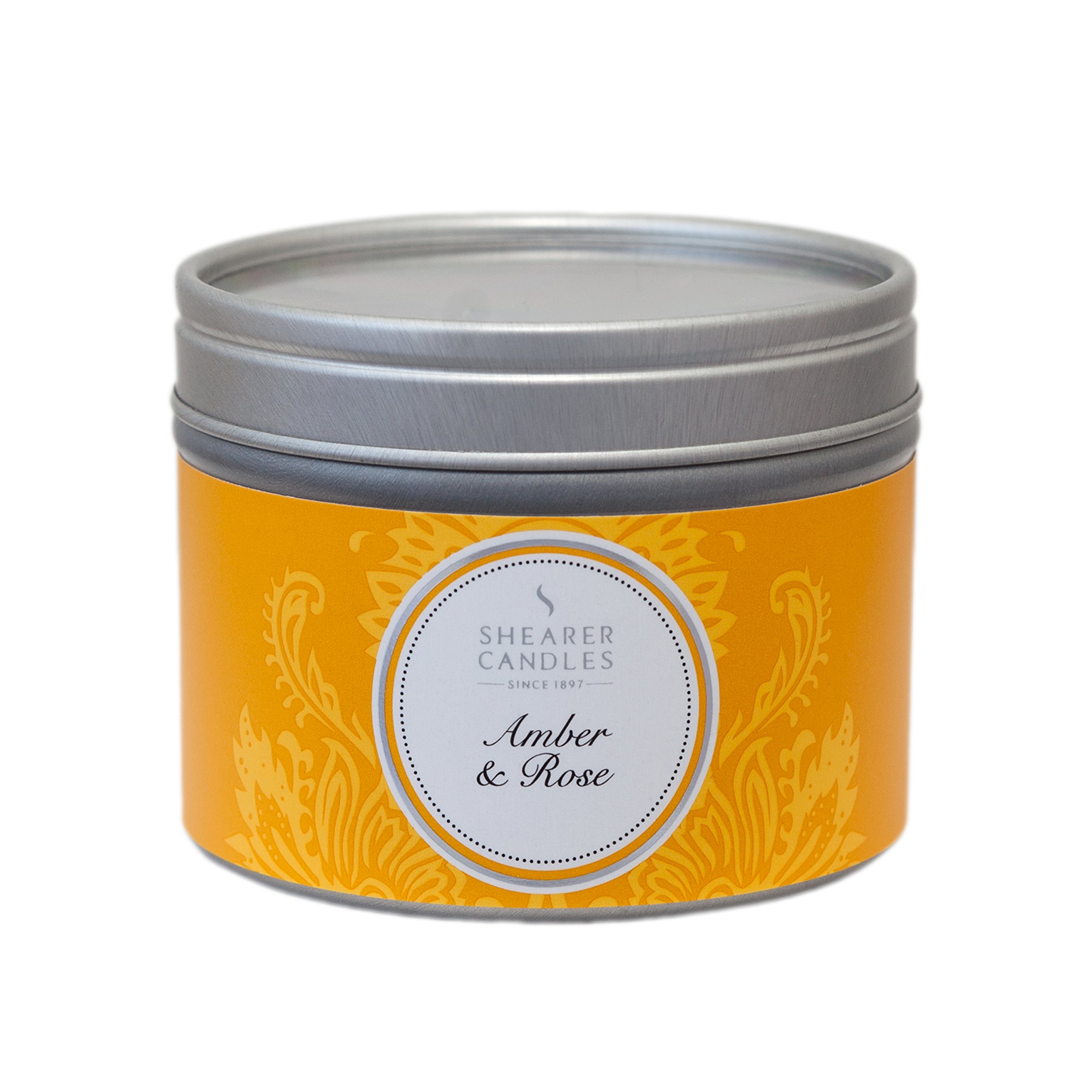 Shearer Candles Amber and Rose Small Scented Silver Tin Candle - White