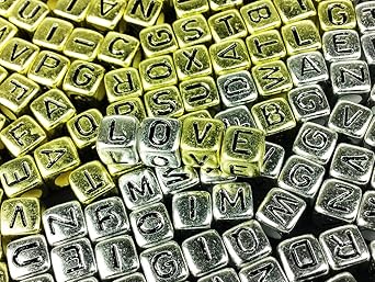 【クリックで詳細表示】ノーブランド品 アルファベット ビーズ キューブ形 6mm 200個 ゴールド シルバー (AP0113)