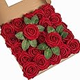DuHouse 25Pcs Artificial Roses Flowers Fake Roses with Stems Real Touch Foam Flowers for DIY Wedding Bouquet Baby Shower Centerpiece Floral Arrangement Party Home Decor(Dark Red)
