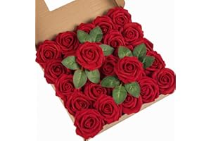 DuHouse 25Pcs Artificial Roses Flowers Fake Roses with Stems Real Touch Foam Flowers for DIY Wedding Bouquet Baby Shower Centerpiece Floral Arrangement Party Home Decor(Dark Red)